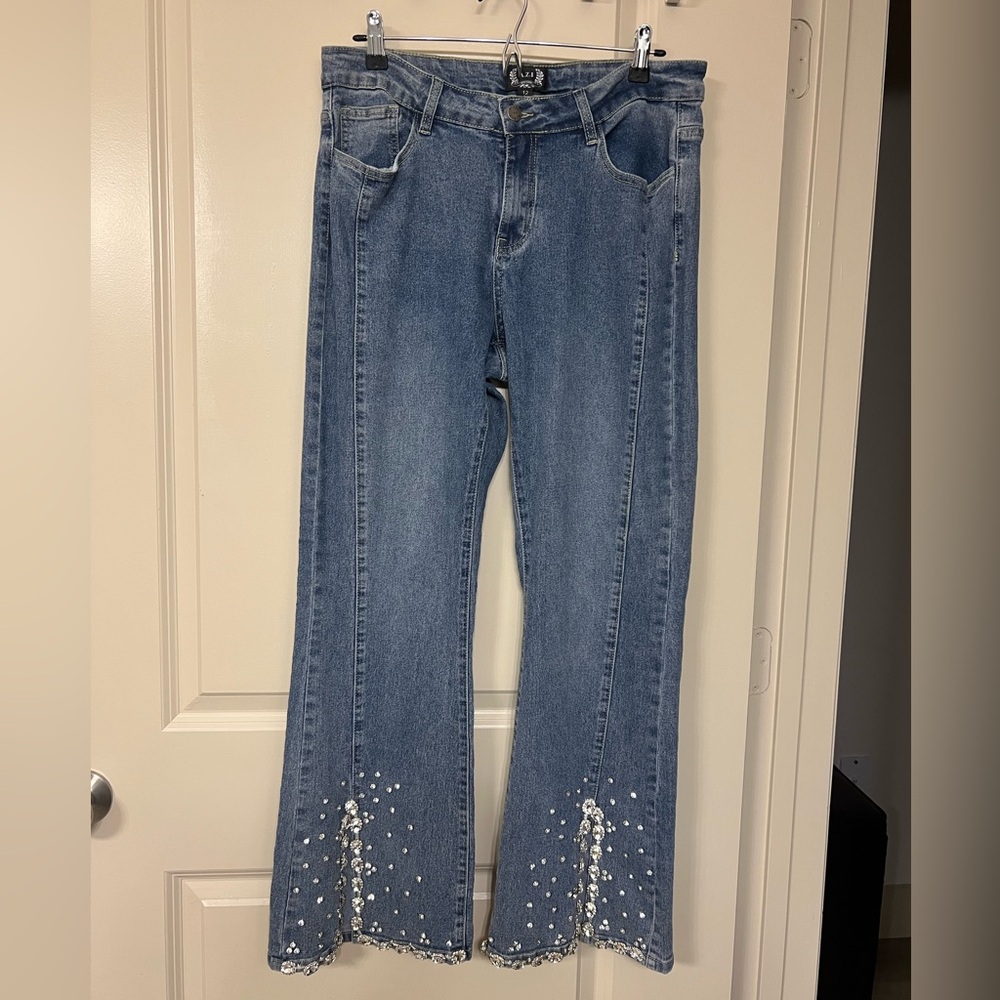 A.Z.I Blue Jewel & Rhinestone Embellished Flare Front Slit Jeans - 12 - Picture 2 of 11